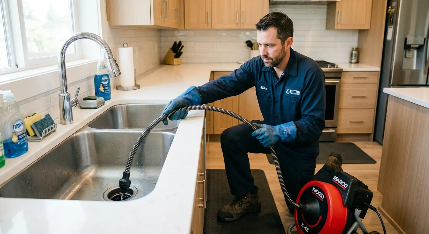 Drain cleaning technician using a motorized snake on a kitchen sink in Rensselaer