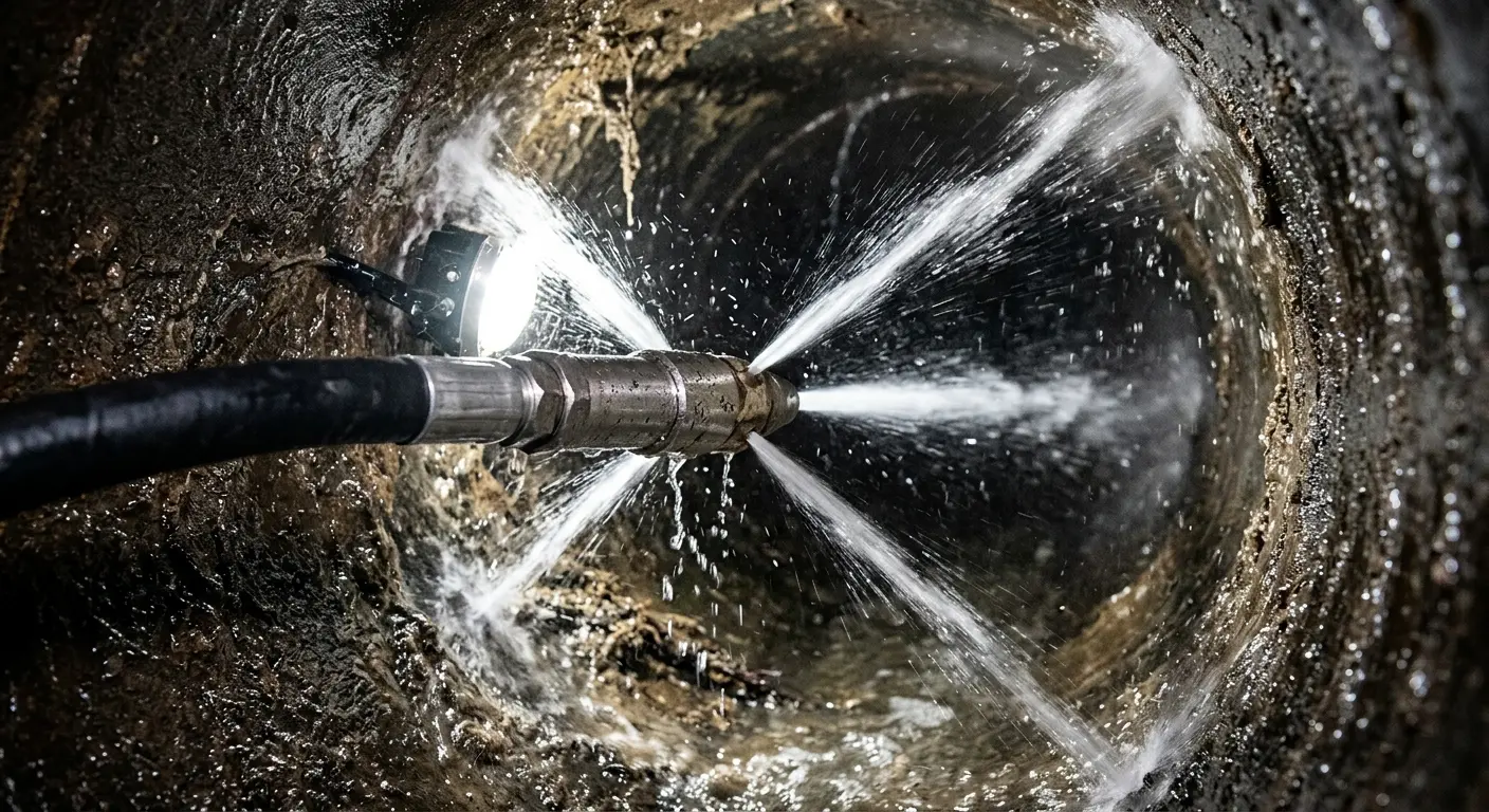 High-pressure hydro jetting nozzle cleaning sewer pipe for Storm Drain Cleaning in Rensselaer