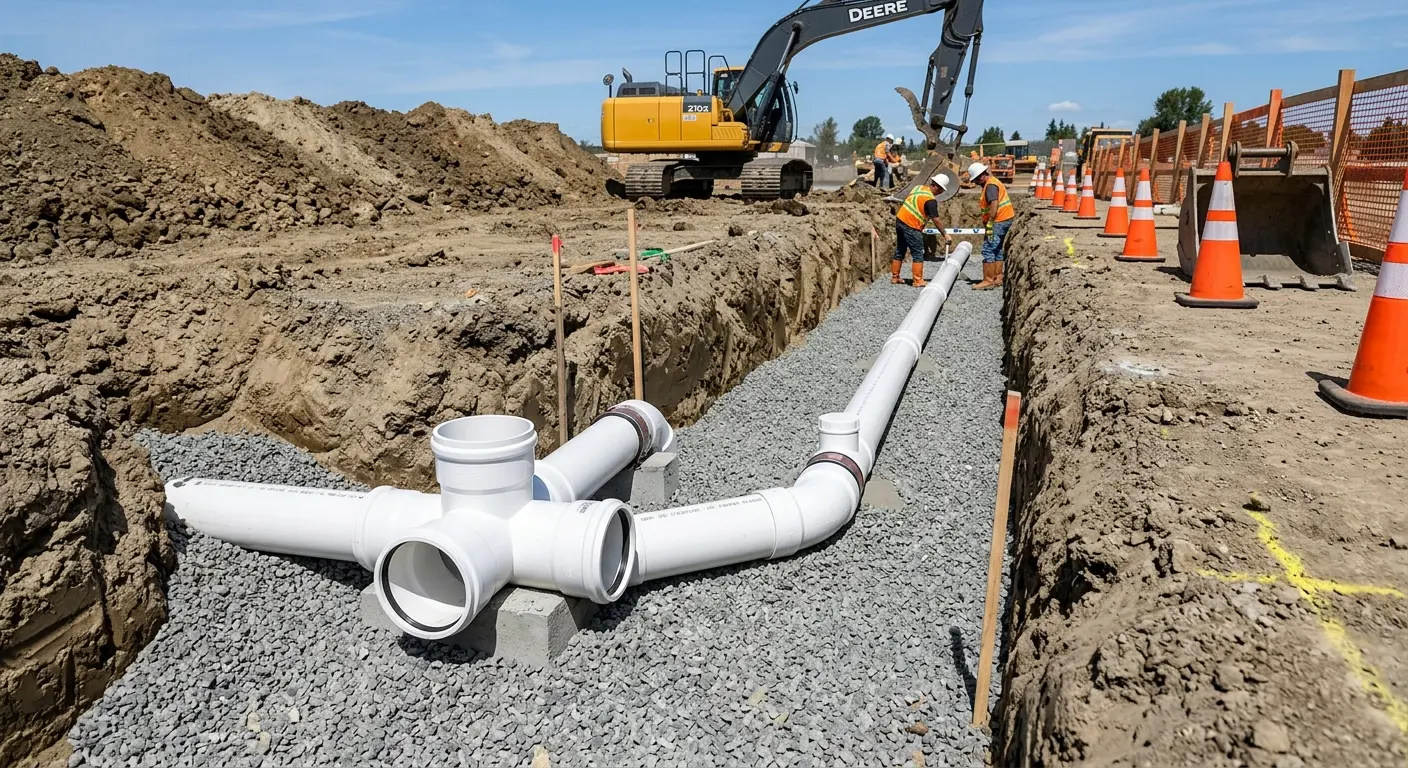 New PVC sewer pipe installation in open trench for Commercial Drain Cleaning in Rensselaer
